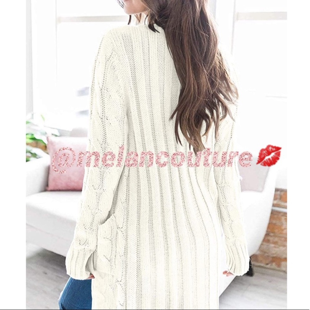 White Cable Knit Button Open Front Cardigan - Picture 2 of 5